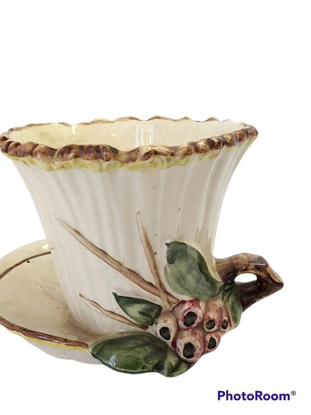 Vintage McCoy Ceramic Cream Decorative Lotus Teacup Planter Green Leaf Accent